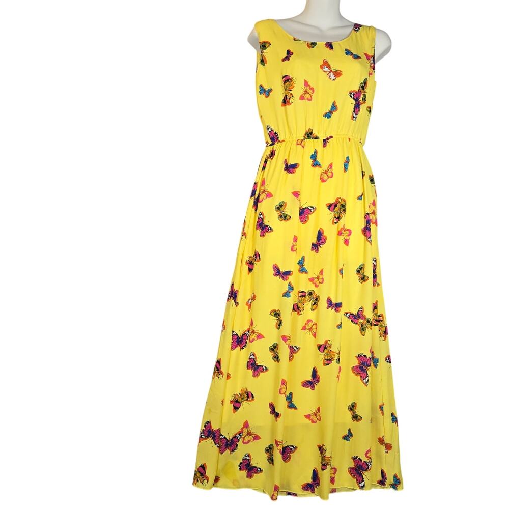 Yu Yee Fashions Womens Small Midi Sun Dress Yellow‎ Butterflies Vacation Casual